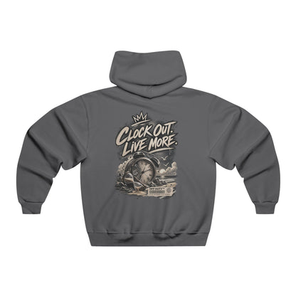 Off Duty Hoodie — “Clock Out. Live More.” Graphic Hooded Sweatshirt