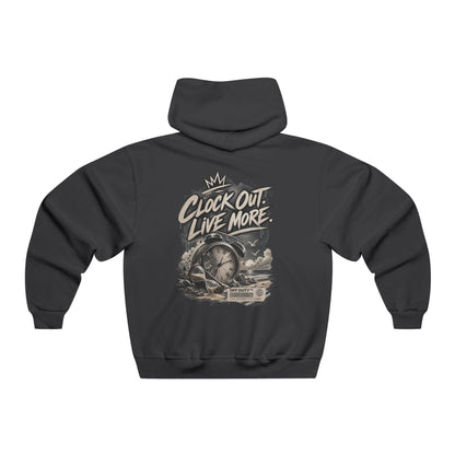 Off Duty Hoodie — “Clock Out. Live More.” Graphic Hooded Sweatshirt